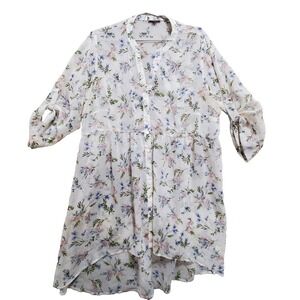 Mauve Shirt Dress Women's 1X White Shear Floral Garden Cover Up Roll Tab Sleeve
